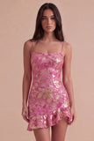 Dark Green Floral Jacquard Spaghetti Straps Short Cocktail Dress with Ruffles