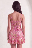 Dark Green Floral Jacquard Spaghetti Straps Short Cocktail Dress with Ruffles