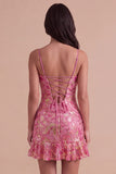 Dark Green Floral Jacquard Spaghetti Straps Short Cocktail Dress with Ruffles
