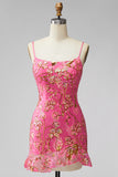 Dark Green Floral Jacquard Spaghetti Straps Short Cocktail Dress with Ruffles