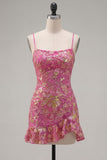 Dark Green Floral Jacquard Spaghetti Straps Short Cocktail Dress with Ruffles