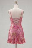 Dark Green Floral Jacquard Spaghetti Straps Short Cocktail Dress with Ruffles