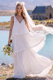 White V-Neck Tiered Sweep Train Beach Wedding Dress