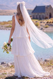 White V-Neck Tiered Sweep Train Beach Wedding Dress