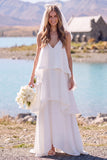 White V-Neck Tiered Sweep Train Beach Wedding Dress