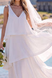 White V-Neck Tiered Sweep Train Beach Wedding Dress