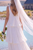White V-Neck Tiered Sweep Train Beach Wedding Dress