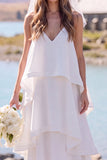 White V-Neck Tiered Sweep Train Beach Wedding Dress