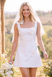 White A-Line Square Neck Short Wedding Dress with 3D Flowers