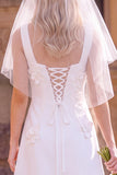 White A-Line Square Neck Short Wedding Dress with 3D Flowers
