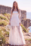 White Square Neck Lace Sweep Train Boho Wedding Dress with Sleeves