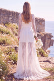 White Square Neck Lace Sweep Train Boho Wedding Dress with Sleeves