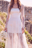 White Square Neck Lace Sweep Train Boho Wedding Dress with Sleeves