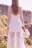 White Square Neck Lace Sweep Train Boho Wedding Dress with Sleeves