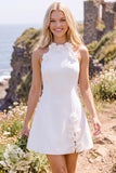 White A-Line Round Neck Short Wedding Dress with 3D Flowers