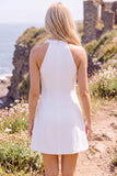 White A-Line Round Neck Short Wedding Dress with 3D Flowers
