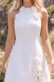 White A-Line Round Neck Short Wedding Dress with 3D Flowers