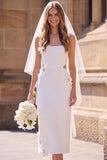 White Floral Bodycon Cut Out Square Neck Midi Wedding Dress