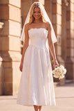 A-Line White Floral Strapless Jacquard Midi Wedding Dress