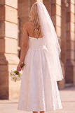 A-Line White Floral Strapless Jacquard Midi Wedding Dress