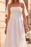 A-Line White Floral Strapless Jacquard Midi Wedding Dress