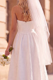 A-Line White Floral Strapless Jacquard Midi Wedding Dress