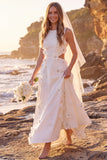 A-Line White Floral Cut Out Round Neck Long Wedding Dress