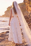 A-Line White Floral Cut Out Round Neck Long Wedding Dress