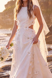 A-Line White Floral Cut Out Round Neck Long Wedding Dress