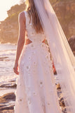 A-Line White Floral Cut Out Round Neck Long Wedding Dress