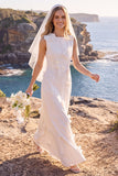 White Floral A Line Round Neck Floor-Length Wedding Dress