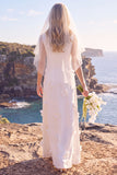 White Floral A Line Round Neck Floor-Length Wedding Dress