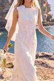 White Floral A Line Round Neck Floor-Length Wedding Dress