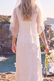 White Floral A Line Round Neck Floor-Length Wedding Dress