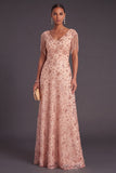 Dusty Rose Sparkly Sequins Floral V-Neck Long Formal Dress with Fringes