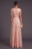 Dusty Rose Sparkly Sequins Floral V-Neck Long Formal Dress with Fringes