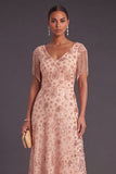 Dusty Rose Sparkly Sequins Floral V-Neck Long Formal Dress with Fringes