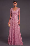 Dusty Rose Sparkly Sequins Floral V-Neck Long Formal Dress with Fringes