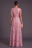 Dusty Rose Sparkly Sequins Floral V-Neck Long Formal Dress with Fringes