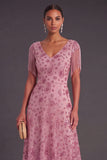 Dusty Rose Sparkly Sequins Floral V-Neck Long Formal Dress with Fringes
