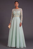 Green Floral A-Line Illusion Neck Long Formal Dress with Sleeves