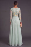 Green Floral A-Line Illusion Neck Long Formal Dress with Sleeves