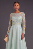 Green Floral A-Line Illusion Neck Long Formal Dress with Sleeves