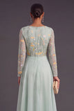 Green Floral A-Line Illusion Neck Long Formal Dress with Sleeves