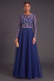 Green Floral A-Line Illusion Neck Long Formal Dress with Sleeves