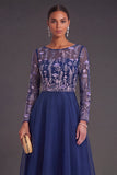 Green Floral A-Line Illusion Neck Long Formal Dress with Sleeves