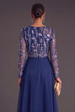 Green Floral A-Line Illusion Neck Long Formal Dress with Sleeves