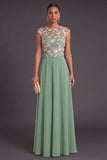 Floral Green A-Line Illusion Neck Cap Sleeves Long Formal Dress