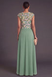 Floral Green A-Line Illusion Neck Cap Sleeves Long Formal Dress