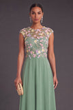 Floral Green A-Line Illusion Neck Cap Sleeves Long Formal Dress